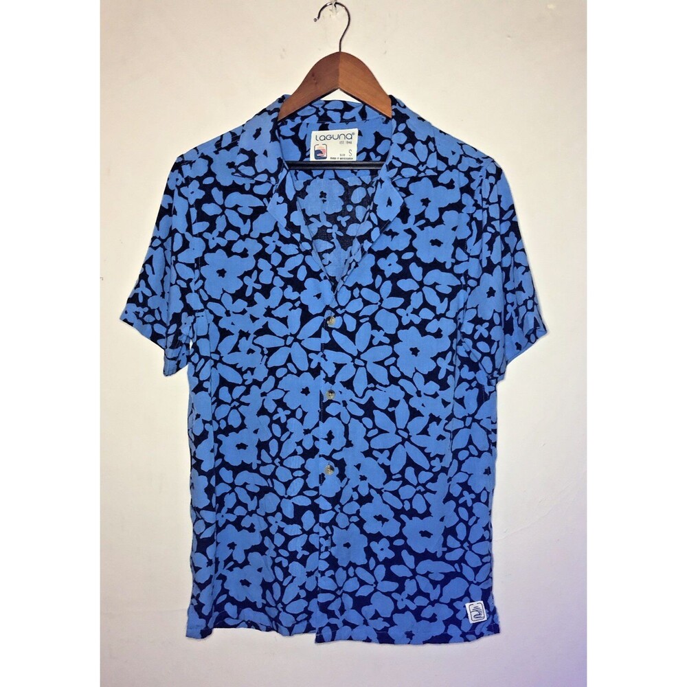 Mens Laguna Shirt S Blue Black Floral Hawaiian Button Up Collar Lightweight